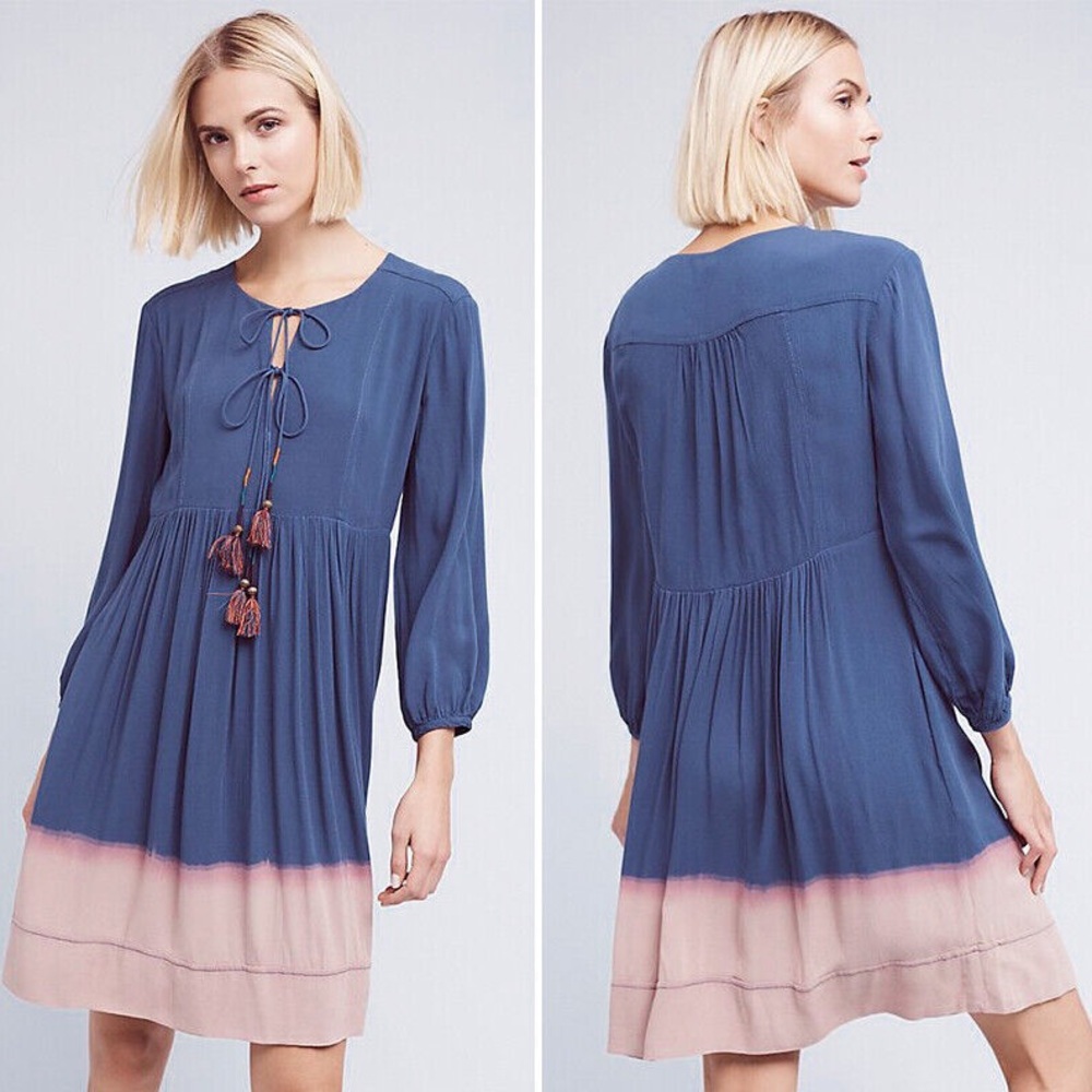 Holding Horses Anthropologie Blue Pink Dip Dye Ombré Tassel Peasant Dress